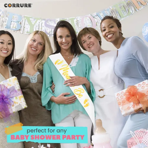 Miniatura 8 de CORRURE Banda para baby shower para niño o niña, banda con la frase "Mom to Be" con hermosa cinta blanca y texto dorado - Ideal para revelación