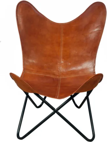 Silla de mariposa de cuero marrón de color bronceado, silla de mariposa hecha a mano, marco plegable con recubrimiento en polvo (marco plegable