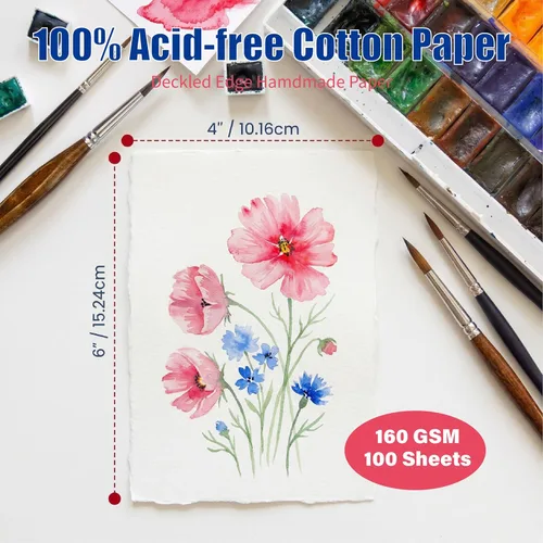 Miniatura 5 de ANSSDO 100 hojas de papel de acuarela con bordes deckled, papel mixto de 160 GSM, hecho a mano en 4 x 6 pulgadas para tarjetas Aceo, pintura