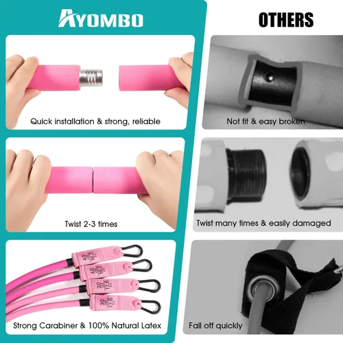 Miniatura 4 de Kit de barra de pilates Ayombo con bandas de resistencia, equipo de entrenamiento de pilates para piernas, cadera, cintura, brazo, equipo de Rosado