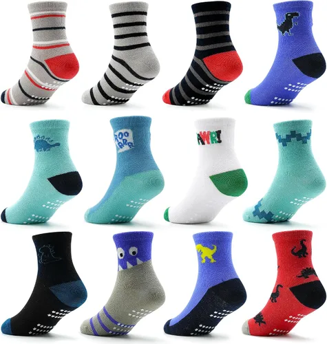 ELUTONG - Calcetines de agarre para niños, paquete de 12 unidades, antideslizantes, calcetines de tripa para bebés y niños de 1 a 7 años, niños y