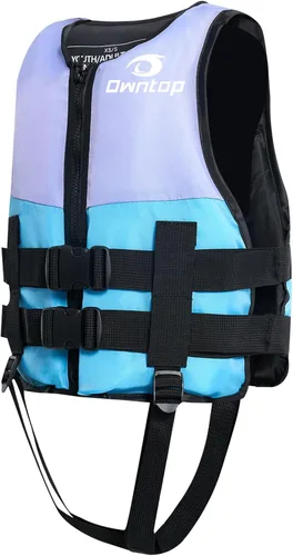 Owntop Chaquetas de natación para niños y adultos de 50 a 125 libras de hebillas dobles, cremallera y correa de entrepierna, chaleco de esquí ligero