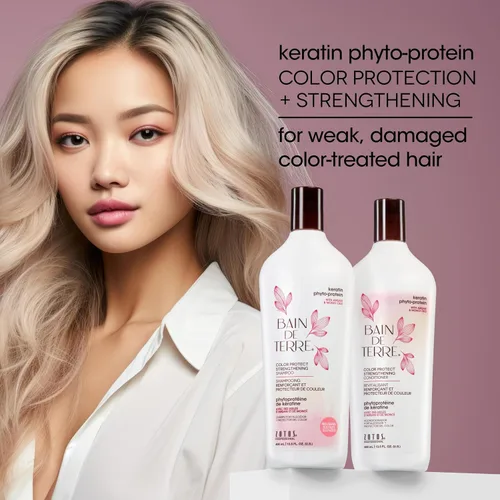 Miniatura 4 de Bain de Terre Champú fortalecedor de queratina fito-proteína para proteger el color, fortalecimiento seguro para cabello débil y dañado, sin