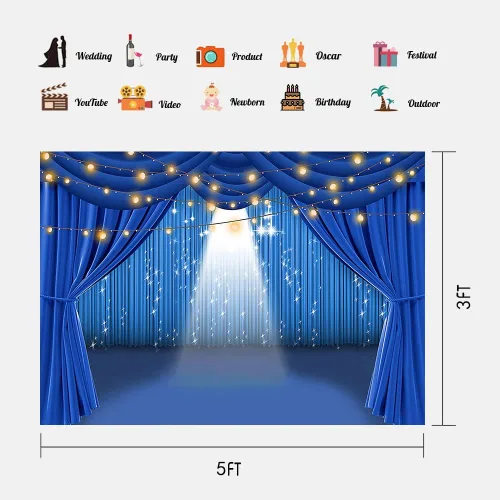 Cortina azul para teatro, escenario, fotografía, telón de fondo de vinilo de 5 x 3 pies, cuadrado, para espectáculo, estudio fotográfico, accesorios