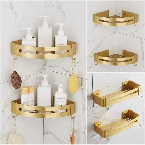 Miniatura 2 de Estante esquinero de baño, estante de baño montado en la pared, estante de ducha de baño de aluminio dorado cepillado, soporte para champú de baño