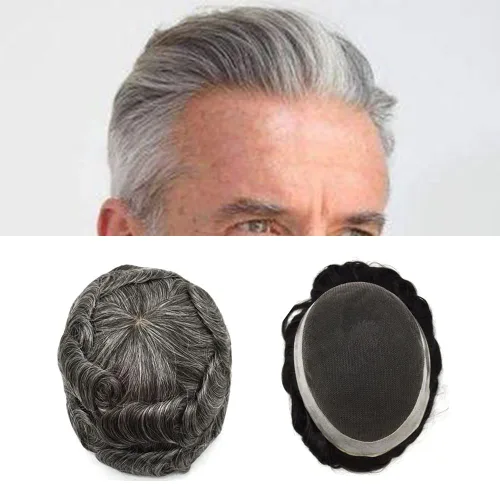 Miniatura 29 de French Lace Mens Toupee Sistema de cabello humano Toupee para hombres Pieza de cabello humano real invisible PU línea capilar natural protesis
