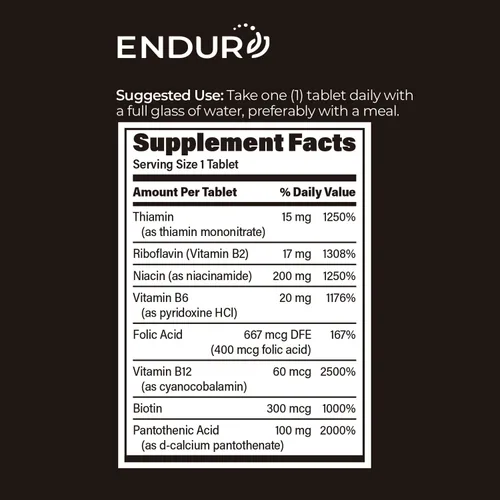 Miniatura 6 de Complejo ENDUR-B - Energía SR (liberación sostenida), envejecimiento saludable, apoyo cardiovascular - B2, B3, B5, B6, ácido fólico, B12, biotina