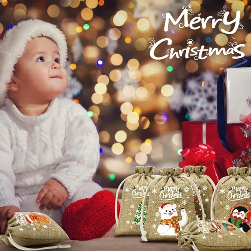 Miniatura 9 de FLOE 72 piezas Bolsas de regalo de Navidad de arpillera con cordón, bolsas de lino de Navidad con cordón para golosinas, bolsas de regalo de Navidad