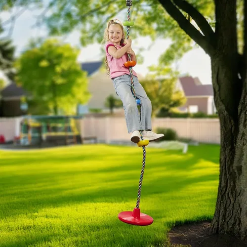 Miniatura 6 de Jungle Gym Kingdom Columpio de Árbol para Niños - Asiento de Disco Individual y Set de Cuerda de Escalada Arcoíris con Mosquetón y Correa de 2.6