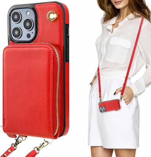 Miniatura 9 de KIHUWEY Funda tipo cartera cruzada para iPhone 14 Pro Max, funda con bolsillo con cremallera y soporte para tarjetas, funda protectora de piel Marrón
