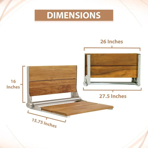 Miniatura 3 de Asiento de ducha de teca, madera de contorno, banco plegable de montaje en pared para ducha interior, asistencia de seguridad ADA, acero inoxidable