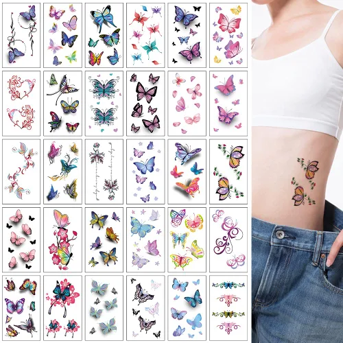 Miniatura 3 de 60 hojas de tatuajes temporales de flores, tatuajes de mariposas, palabras, líneas, tatuajes para adultos, hombres y mujeres