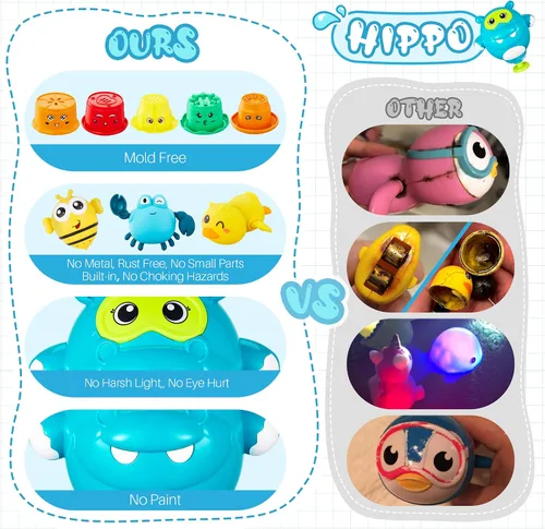 Miniatura 5 de EKU Juguetes de Baño de Hipopótamo para Niños de 18 meses+ Niños Pequeños con Vasos Apilables de Hamburguesa Pato Nadador Cangrejo Juguetes de Juego