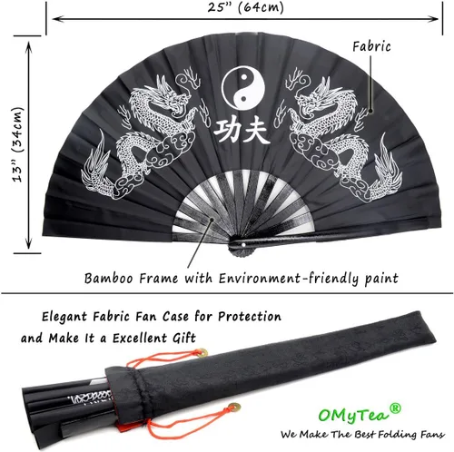 Miniatura 5 de OMyTea Ventilador de mano plegable grande de bambú para hombres y mujeres, ventilador de mano chino japonés de Kung Fu Tai Chi con funda de tela