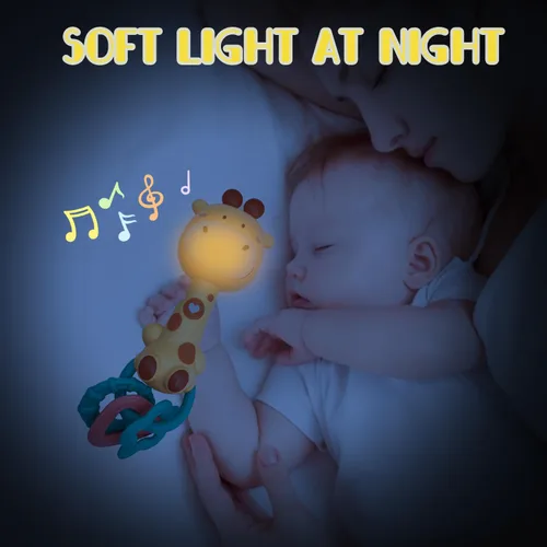 Miniatura 5 de Sonajero musical de jirafa amarilla brillante para bebé, mordedor iluminado y masticable sensorial, goma suave sin BPA, baby shower y regalo