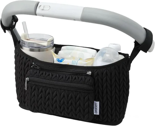 Miniatura 9 de Organizador de cochecito - Elegante nailon acolchado, ajuste universal, bolsa desmontable, almacenamiento múltiple ajustable para cochecito de bebé