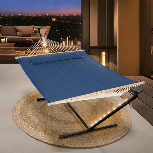 Miniatura 10 de SUNCREAT Hamaca doble con soporte de 12 pies, luces solares incluidas, hamaca al aire libre para exterior, gris oscuro