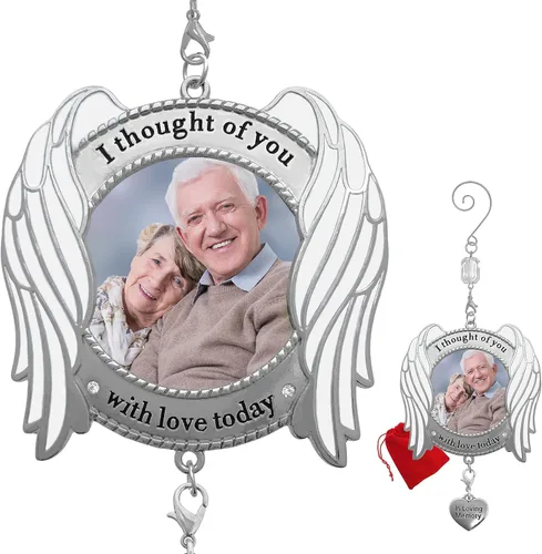 Adorno conmemorativo – Adorno de imagen – Pensé de ti con amor hoy – Alas de ángel esmaltadas y dije de corazón – Bolsa de regalo/almacenamiento