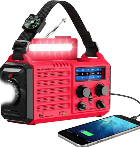 Radio meteorológica de emergencia, manivela solar, funciona con pilas, radio de onda corta AM FM portátil con alerta NOAA, linterna, lámpara de Rojo