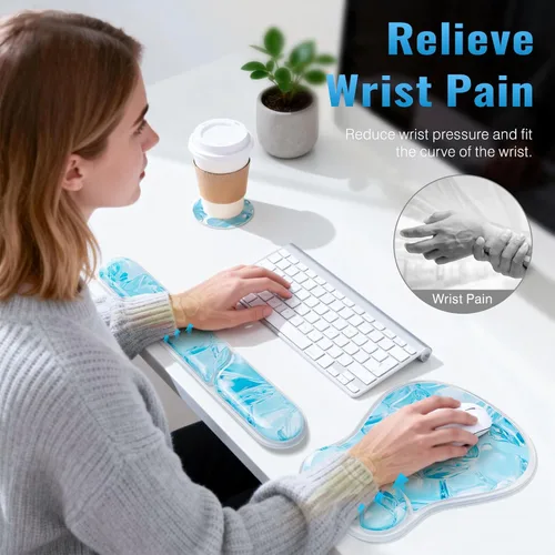 Miniatura 5 de Ospelelf Juego de alfombrilla de mouse con reposamuñecas de gel ergonómico para teclado, soporte de muñeca con parte inferior de goma Azul hielo