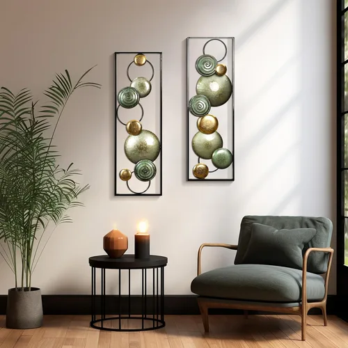 Miniatura 5 de LuxenHome - 2 piezas de arte de pared de metal, círculos multicolor de 36 x 12 pulgadas, decoración de pared rectangular abstracta de metal