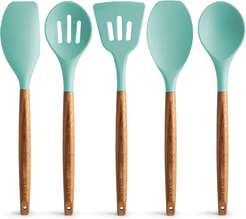 Zulay Kitchen Juego de utensilios de cocina antiadherentes con auténticas asas de madera de acacia, juego de utensilios de cocina de silicona Sky