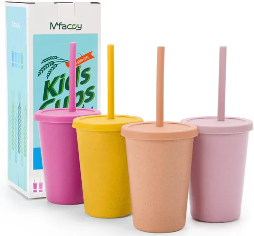 Miniatura 8 de Mfacoy Paquete de 4 vasos de paja de trigo con tapa y pajitas, vaso irrompible de 10 onzas para niños, vasos reutilizables para beber, vaso pequeño