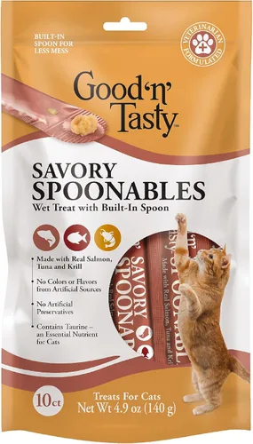 Miniatura 12 de Good 'n' Tasty Cucharas sabrosas con pato real, carne de res y conejo, tubo de 6 unidades, golosinas húmedas exprimibles de triple sabor para gatos