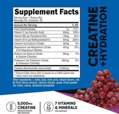 Miniatura 2 de Nutricost Monohidrato de creatina + hidratación con sabor a uva (30 porciones) - 7 vitaminas y minerales, 5000 mg de creatina por porción