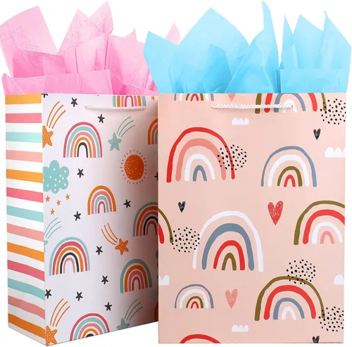 Bolsa de regalo para niñas, bolsa de regalo grande de cumpleaños, juego a granel que incluye 2 bolsas de regalo de papel con papel de seda, bolsas