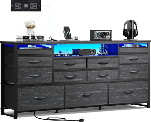 Miniatura 13 de WLIVE Soporte de TV negro para TV de 50, 55, 65 pulgadas, centro de entretenimiento con luces LED y estación de carga, cómoda con 8 cajones de tela