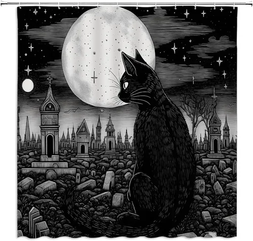 Cortina de ducha de gato negro para Halloween, diseño de tarot psíquico gótico, tablero de Ouija, cementerio espeluznante para decoración de baño,