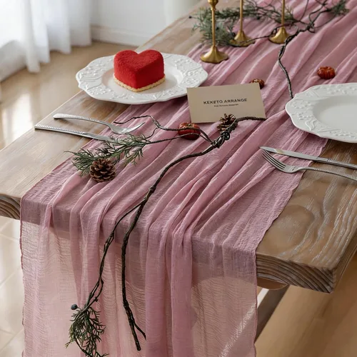 Miniatura 29 de Keketoarrange - Camino de mesa de gasa traslúcida color rosa polvo de 120 pulgadas, 10 pies, rústico y bohemio, camino de mesa de tela de queso