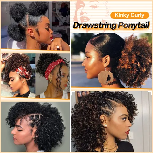 Miniatura 7 de PEACOCO Cola de caballo afro rizada con cordón para mujeres negras, extensiones de cola de caballo afro de 6 pulgadas, cabello sintético