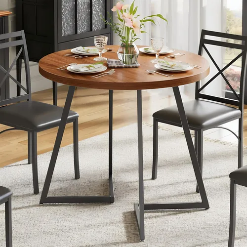 VECELO Mesa de comedor redonda de 35 pulgadas para 4, tapa de mesa de grano de madera y marco de acero resistente, para cocina, sala de estar, fácil
