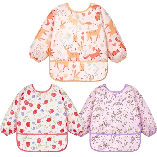 Miniatura 11 de Lictin Paquete de 3 Baberos para Bebé, Babero de Manga Larga Lindo, Baberos Impermeables para Niños Pequeños, Babero Ajustable con Cierre para Bebé