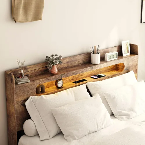 Miniatura 4 de Marco de cama tamaño completo de madera, cabecero con almacenamiento y estación de carga y luces LED, estructura robusta de granja rústica, fácil