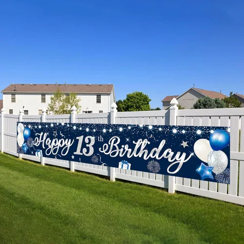 Domgoge Cartel de decoración de feliz cumpleaños número 13, grande, azul y plateado, cartel de feliz cumpleaños de 13 años, suministros de