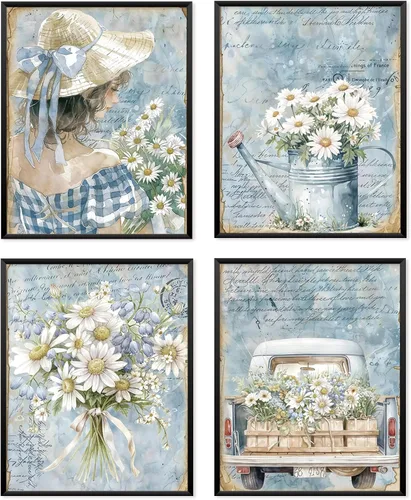 Locomiss Cottagecore - Pósteres de arte de pared con margaritas, decoración de pared rústica de niña de campo, camioneta, flores silvestres, para