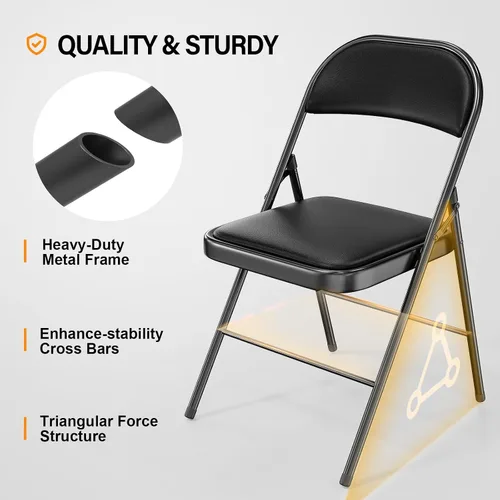 Miniatura 4 de VINGLI Paquete de 4 sillas plegables con asientos acolchados, marco de metal con asiento y respaldo de piel sintética, capacidad de 350 libras, Negro