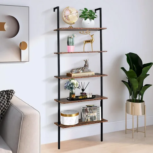 Miniatura 11 de Estantería de escalera de 5 niveles para montar en la pared, estantería de escalera con marco de metal y estante de madera, estantería de Roble