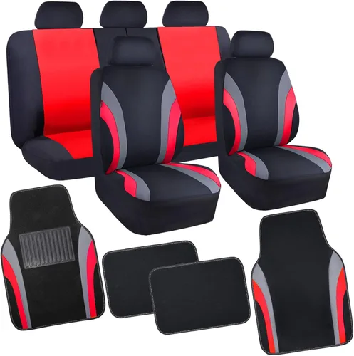 CAR PASS Line Rider - Juego completo de fundas deportivas para asiento de automóvil con 4 alfombrillas impermeables para el piso del automóvil,