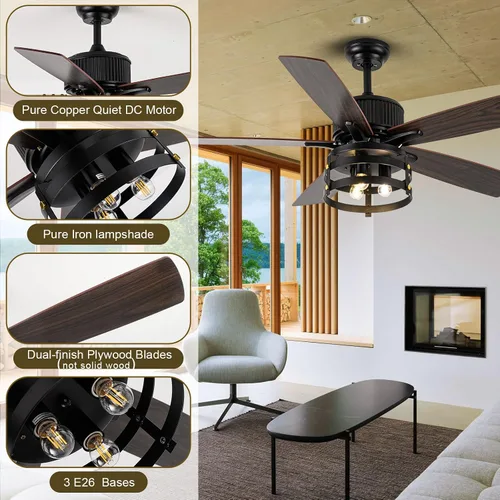 Miniatura 2 de Farmhouse Ceiling Fan with Light and Remote, 52 Inch Indoor Outdoor Ceiling Fans for Patios, Rustic Ceiling Fan with 5 Dual Finish Blades