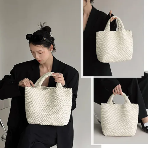 Miniatura 2 de KALIDI Bolso de playa de mano de paja Bolso de hombro a rayas cosido PU mango de cuero Zippe Viaje Compras Picnic
