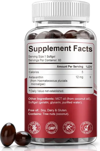 Miniatura 2 de BEWORD Astaxantina 12 mg con aceite MCT, 60/120 cápsulas blandas, suministro para 2 meses Suplementos antioxidantes premium Microalgas