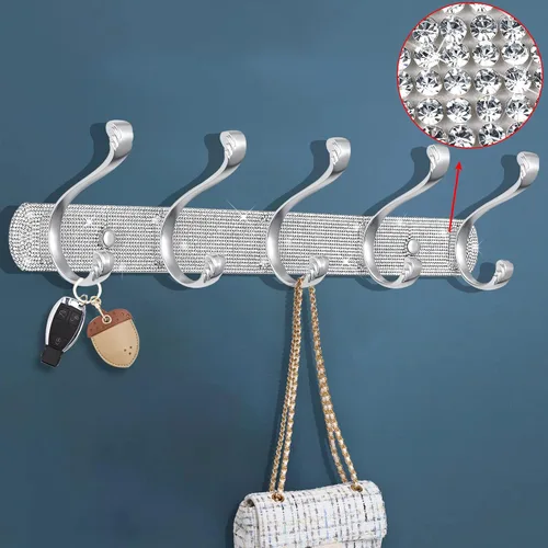 BlackFish Soporte para Perchero de Montaje, Diamantes de Imitación Plateados Brillantes Montado en la Pared 5 Ganchos, Ganchos para Llaves