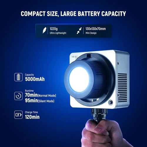 Miniatura 7 de NEEWER HB80C RGBWW - Luz de video LED con batería integrada de 72 Wh y carga rápida PD de 100 W, iluminación de salida continua COB Mini RGB de 80