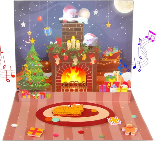 MZD8391 Tarjetas de Navidad con proyecciones de Papá Noel animadas, tarjeta de felicitación de regalo de Navidad desplegable 3D con luces musicales