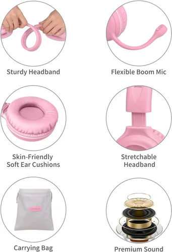 Miniatura 5 de SIMOLIO Audífonos para niños con micrófono para la escuela, auriculares con cable de 75/85/94 dB con micrófono retráctil para iPad, PC, laptop