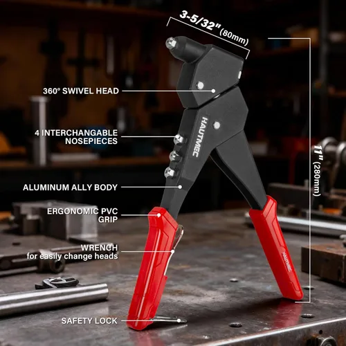 Miniatura 3 de Kit de pistola de remache pop HAUTMEC con cabeza giratoria de 360° para espacios estrechos, 120 remaches ciegos, herramienta de remache manual